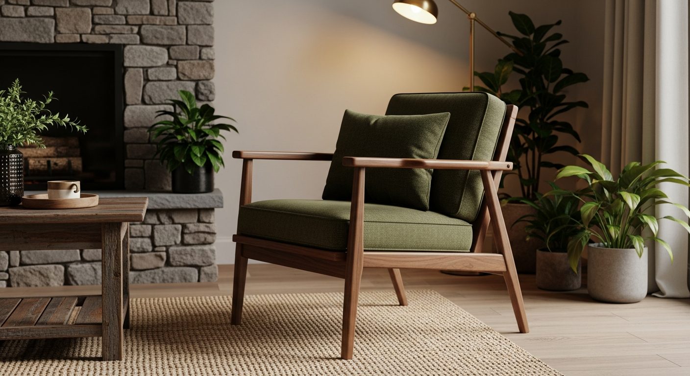 Sillón de madera estilo escandinavo con cojines verdes