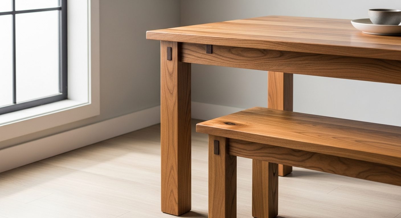 Mesa de comedor artesanal de madera maciza con banca