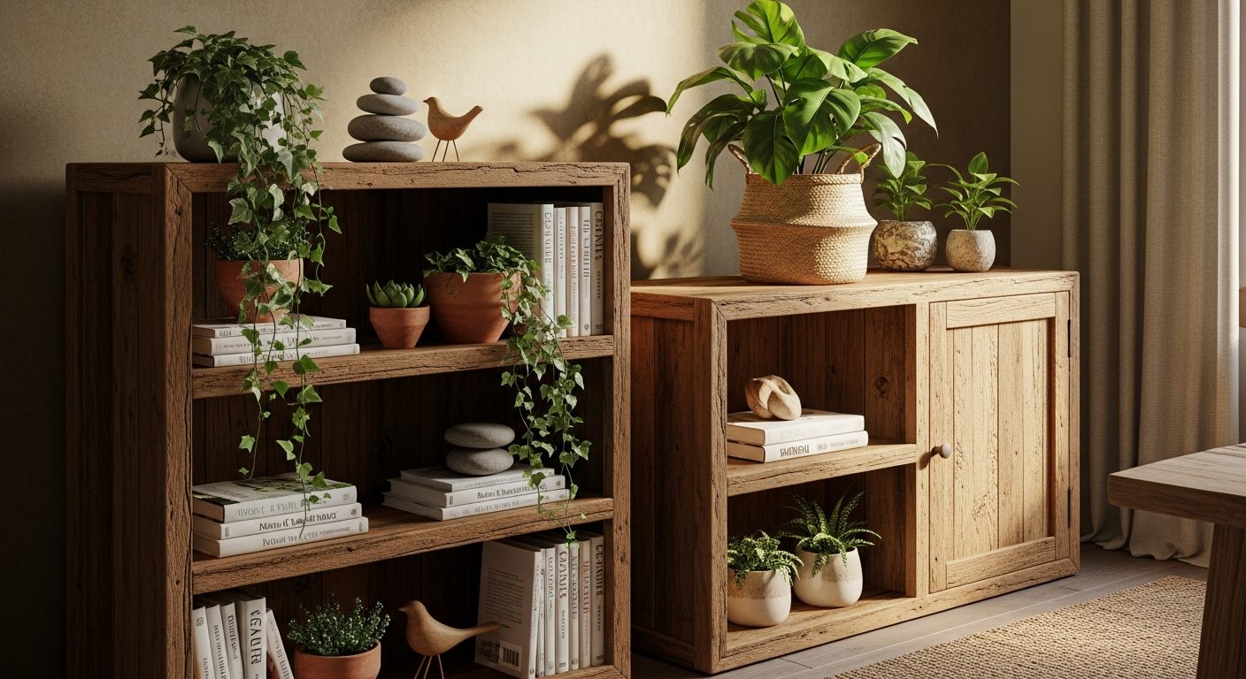 Librero rústico de madera en interior acogedor con plantas