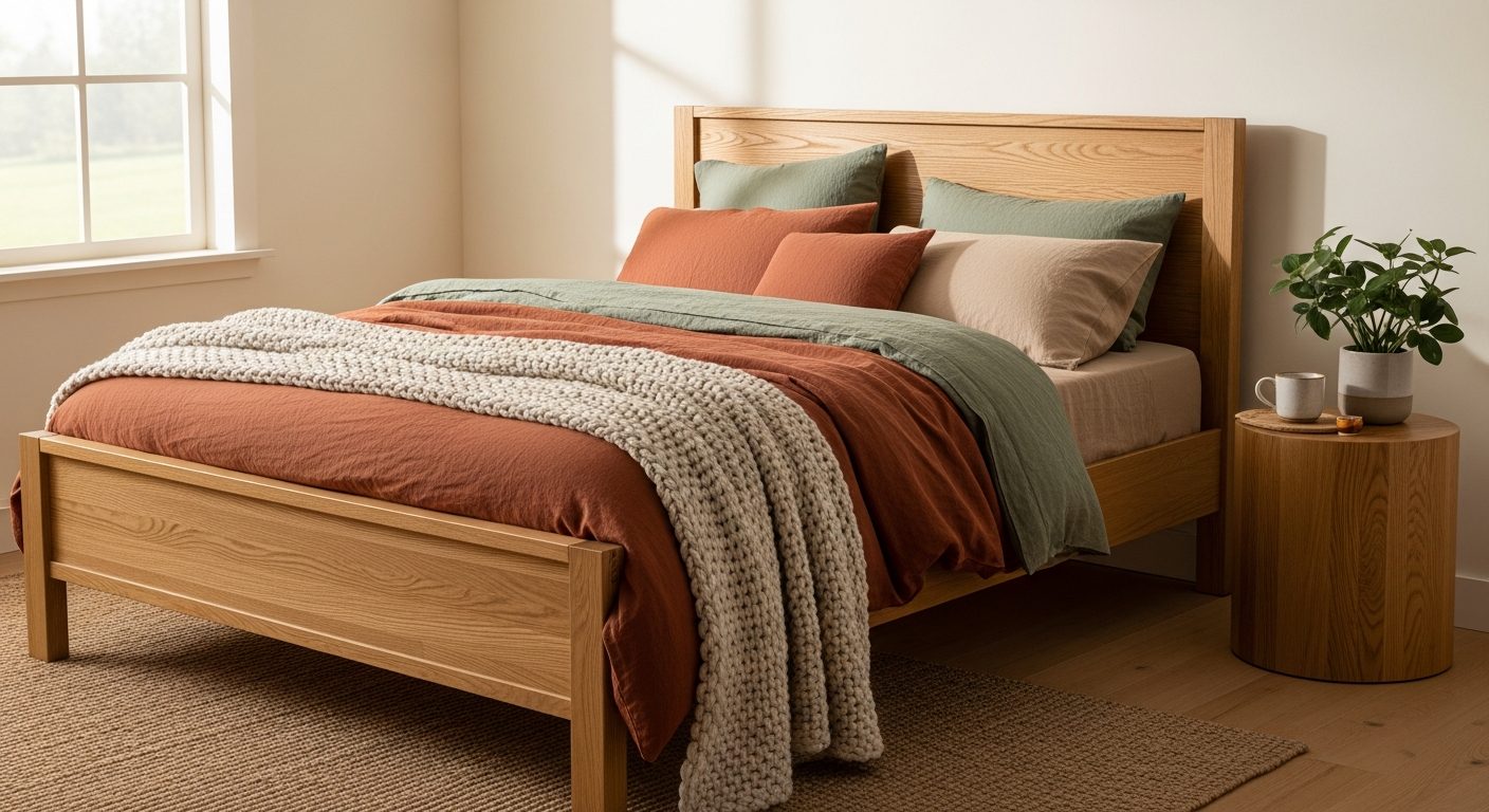 Recámara cálida con base de cama de roble natural