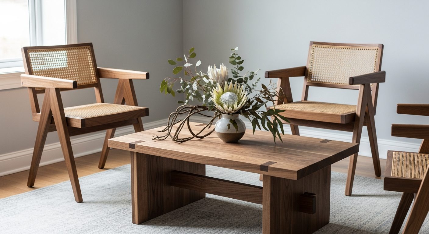 Mesa de centro de nogal y sillas en sala con plantas